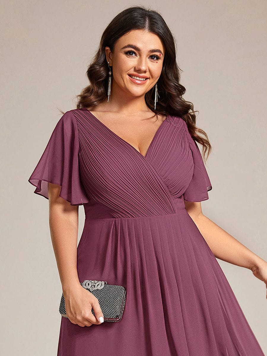 Chic V Neck High-Low Wedding Guest Dress #color_Damson