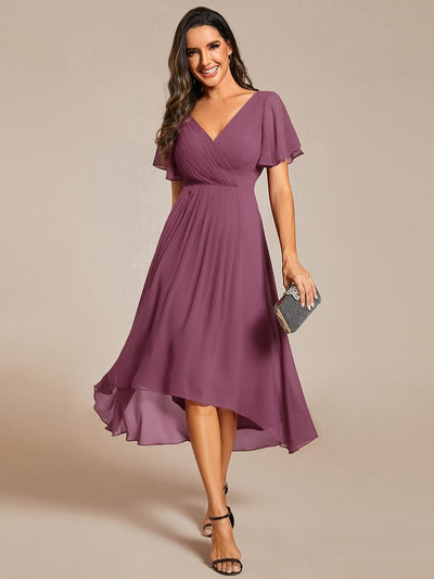 Chic V Neck High-Low Wedding Guest Dress #color_Damson