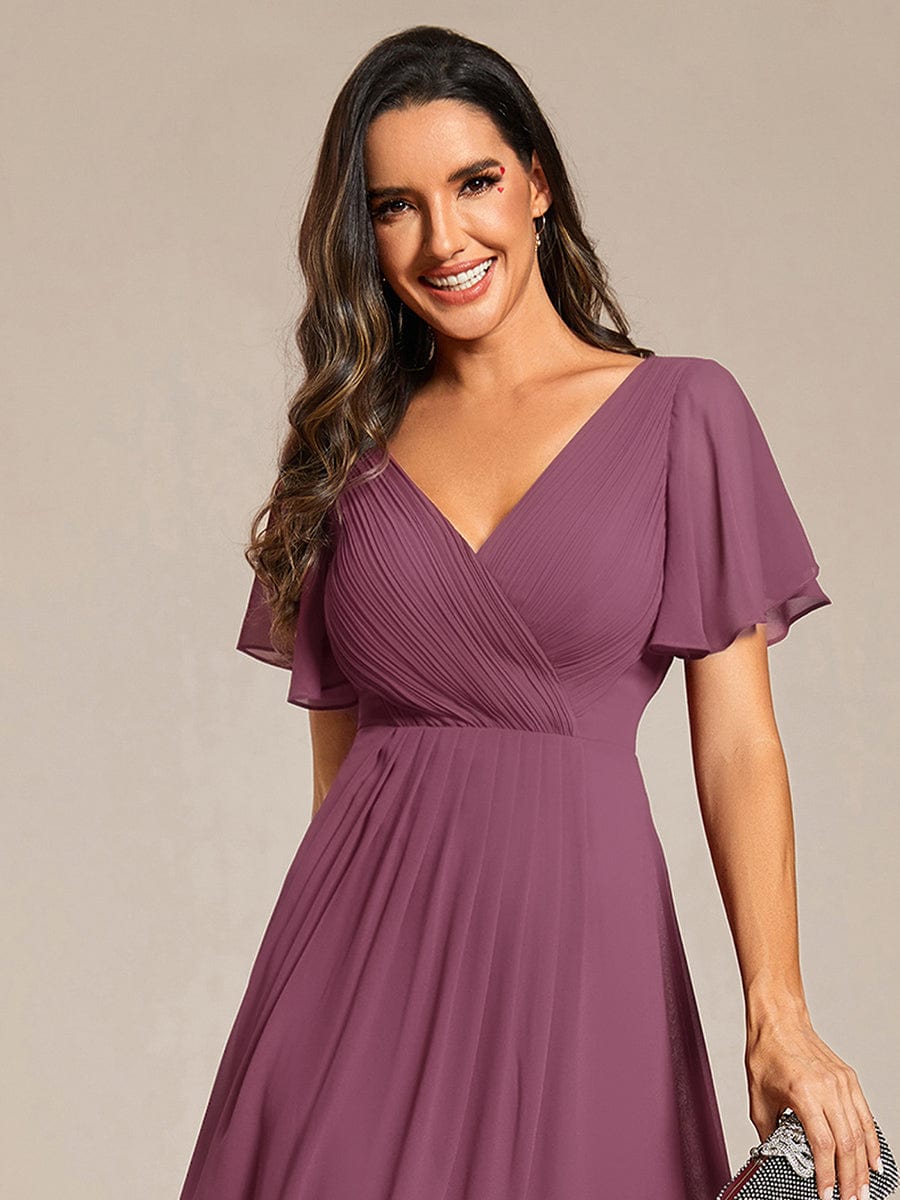 Chic V Neck High-Low Wedding Guest Dress #color_Damson