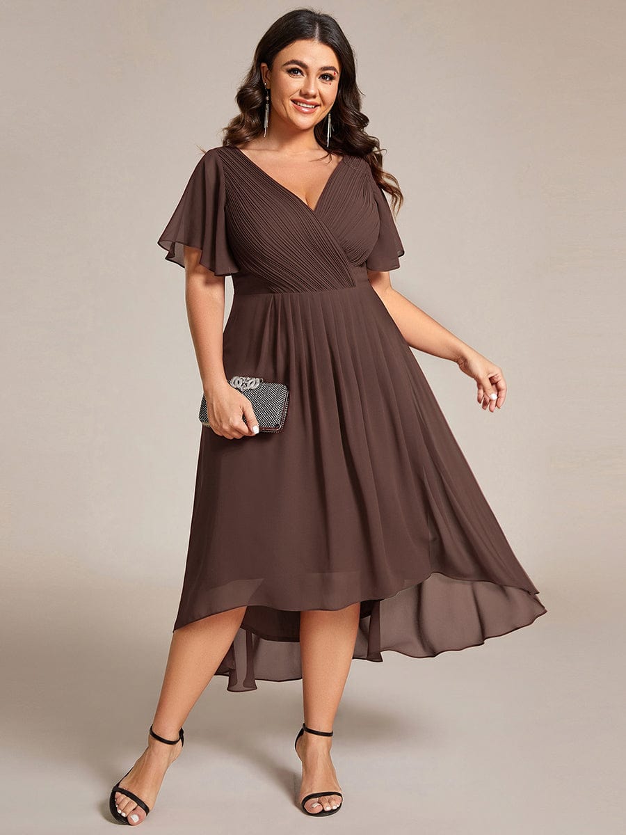 Chic V Neck High-Low Wedding Guest Dress #color_Espresso