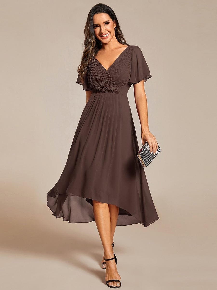 Chic V Neck High-Low Wedding Guest Dress #color_Espresso