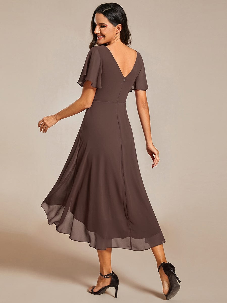 Chic V Neck High-Low Wedding Guest Dress #color_Espresso