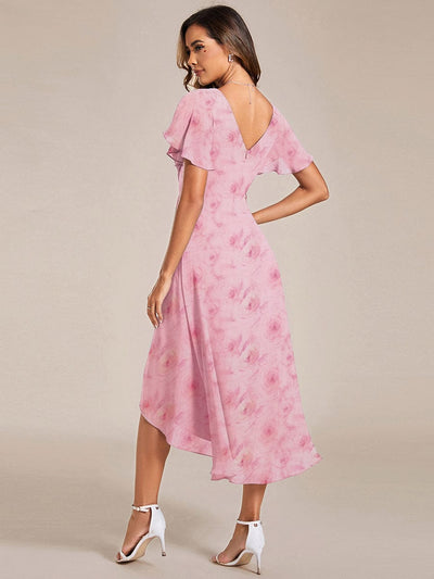 ever FAYE|Floral V Neck High-Low Short Sleeve Wedding Guest Dress #color_Light Purple Roses