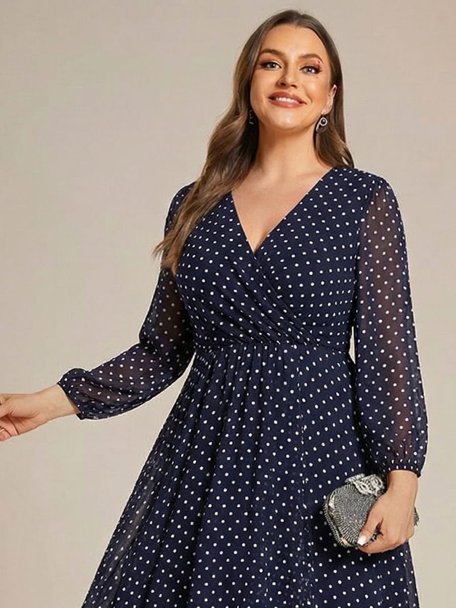 Elegant Long Sleeve V-Neck High Low Chiffon Wedding Guest Dress #color_Navy Blue Polka Dots