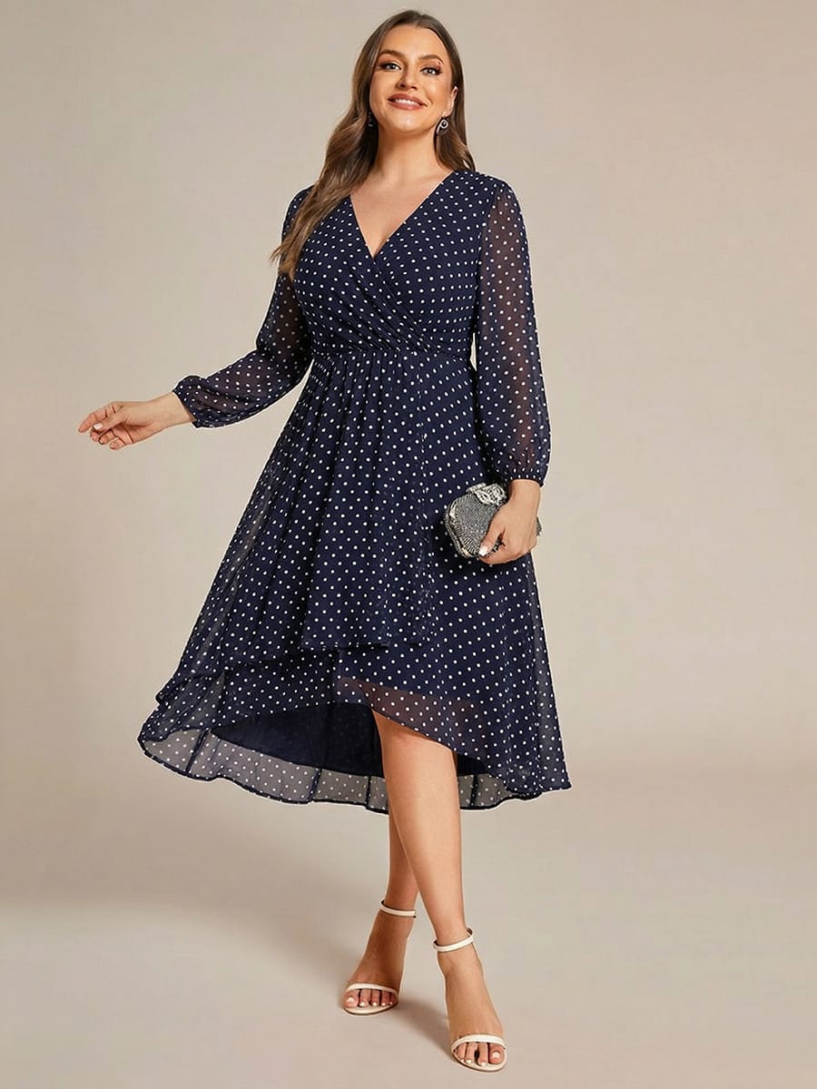 Elegant Long Sleeve V-Neck High Low Chiffon Wedding Guest Dress #color_Navy Blue Polka Dots