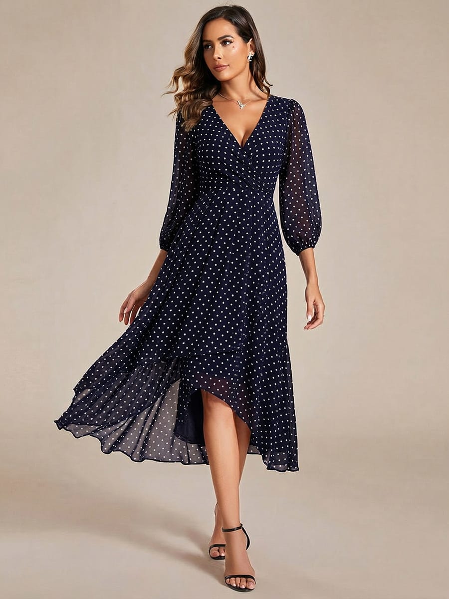 Elegant Long Sleeve V-Neck High Low Chiffon Wedding Guest Dress #color_Navy Blue Polka Dots