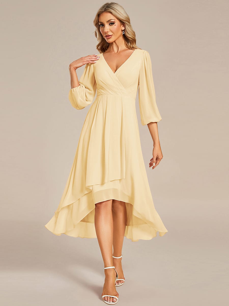 Elegant Long Sleeve V-Neck High Low Chiffon Wedding Guest Dress #color_Yellow
