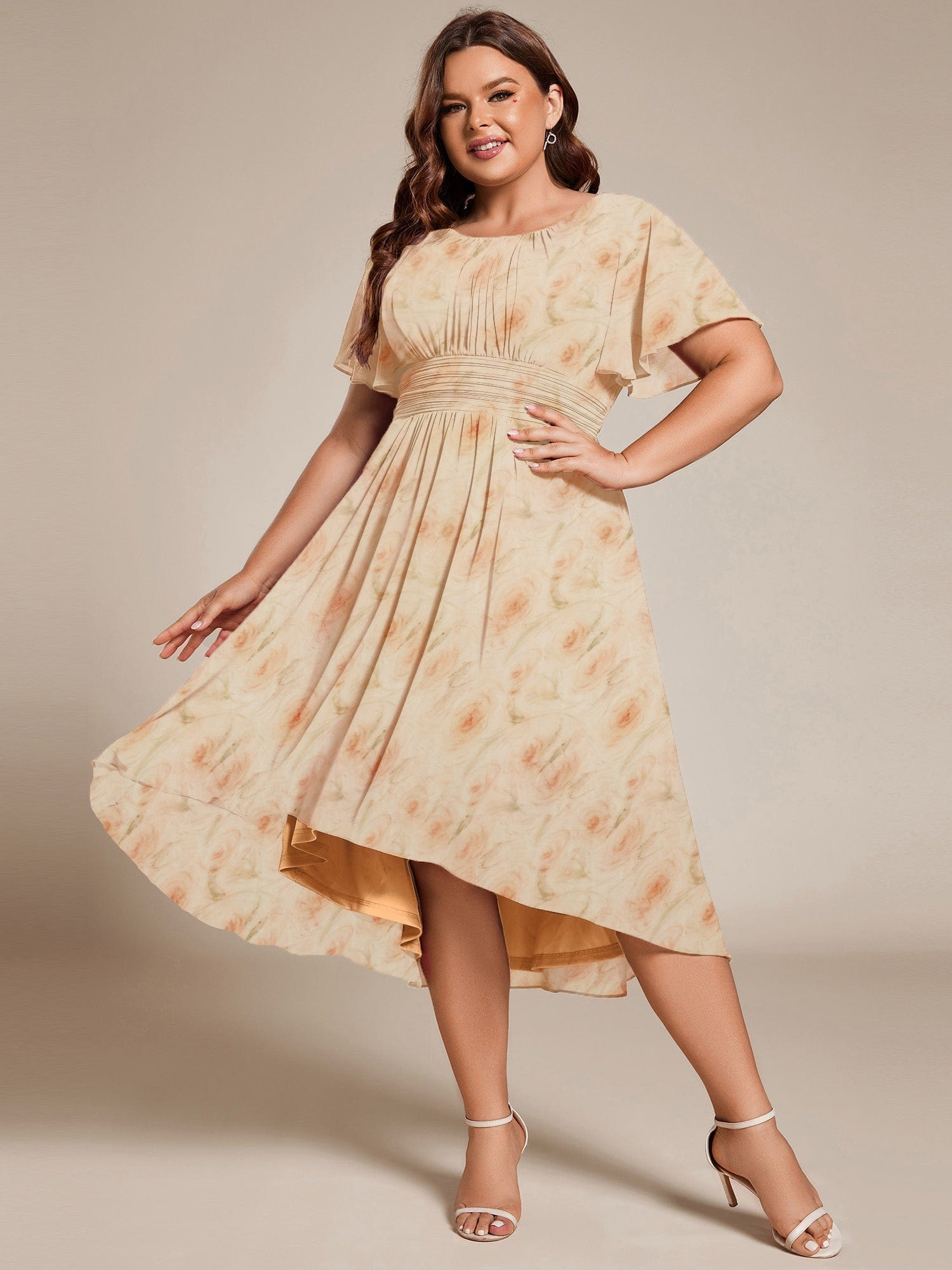 ever EDEN|Flowy Chiffon Round Neckline A-Line Midi Wedding Guest Dress #color_Golden Roses