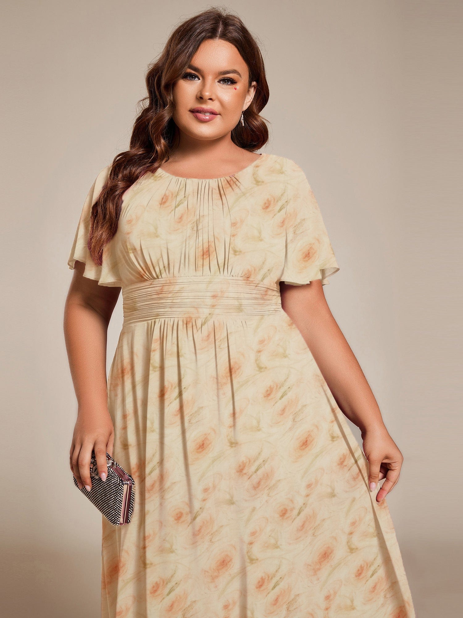 ever EDEN|Flowy Chiffon Round Neckline A-Line Midi Wedding Guest Dress #color_Golden Roses