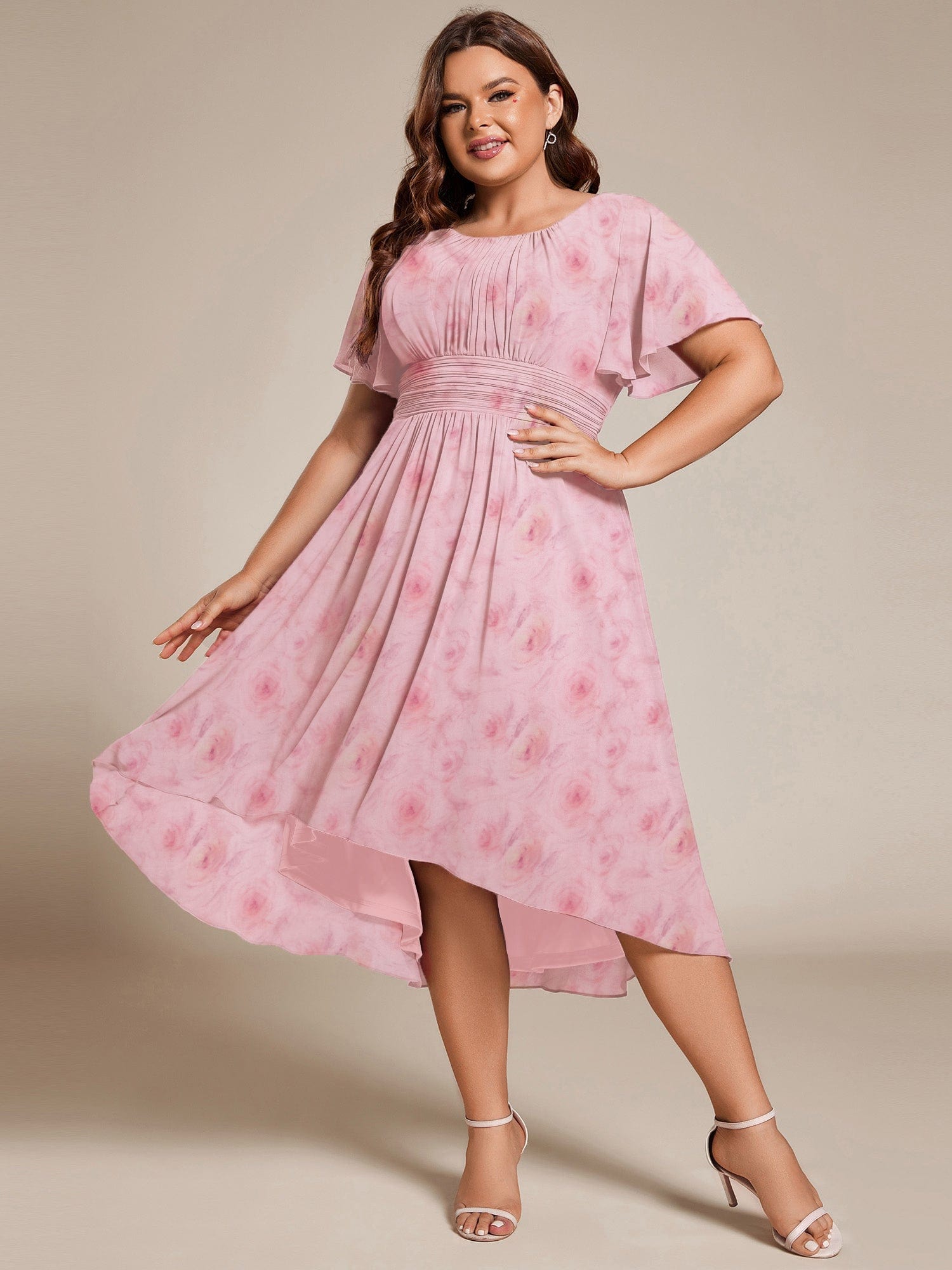 ever EDEN|Flowy Chiffon Round Neckline A-Line Midi Wedding Guest Dress #color_Light Purple Roses