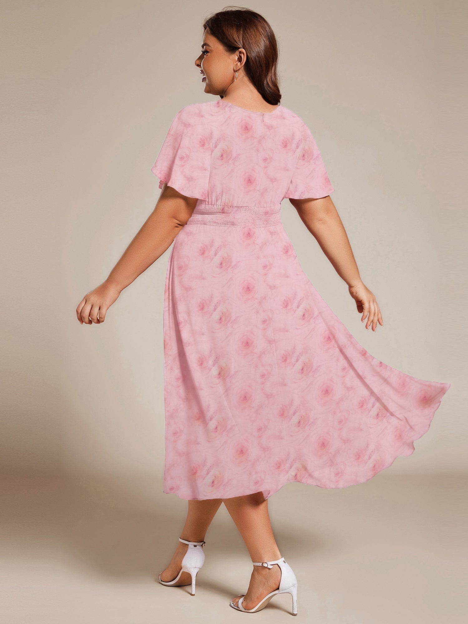 ever EDEN|Flowy Chiffon Round Neckline A-Line Midi Wedding Guest Dress #color_Light Purple Roses