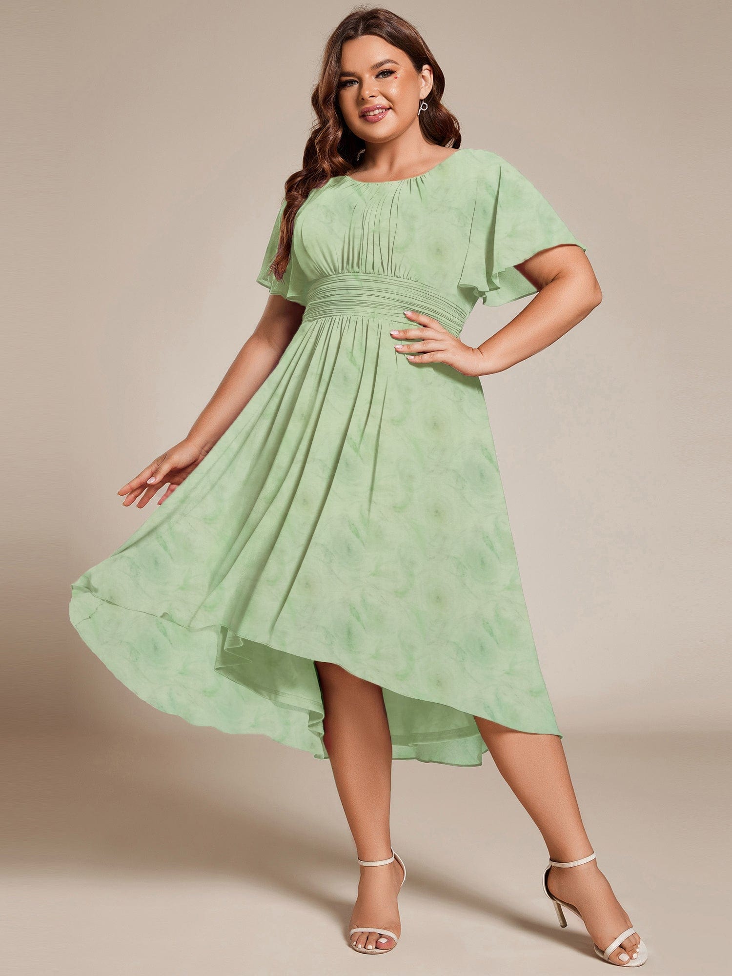 ever EDEN|Flowy Chiffon Round Neckline A-Line Midi Wedding Guest Dress #color_Light Green Roses