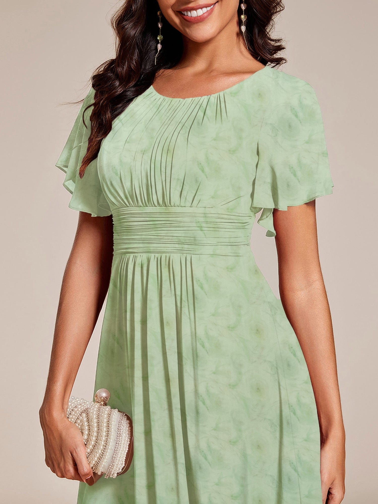 ever EDEN|Flowy Chiffon Round Neckline A-Line Midi Wedding Guest Dress #color_Light Green Roses