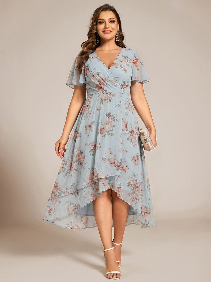 Floral Chiffon Elegance Short Sleeve High-Low Wedding Guest Dress #color_Amber Bloom
