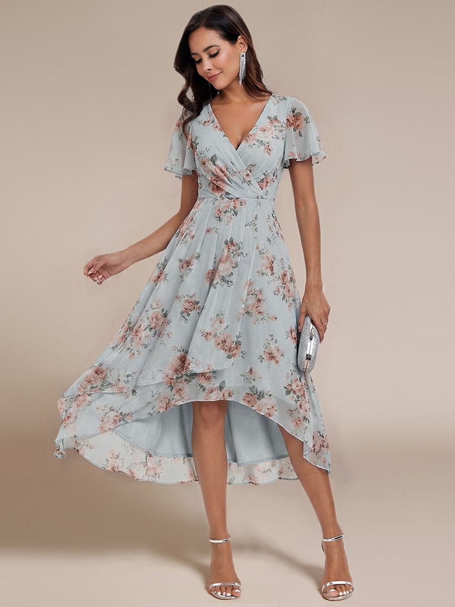 Floral Chiffon Elegance Short Sleeve High-Low Wedding Guest Dress #color_Amber Bloom