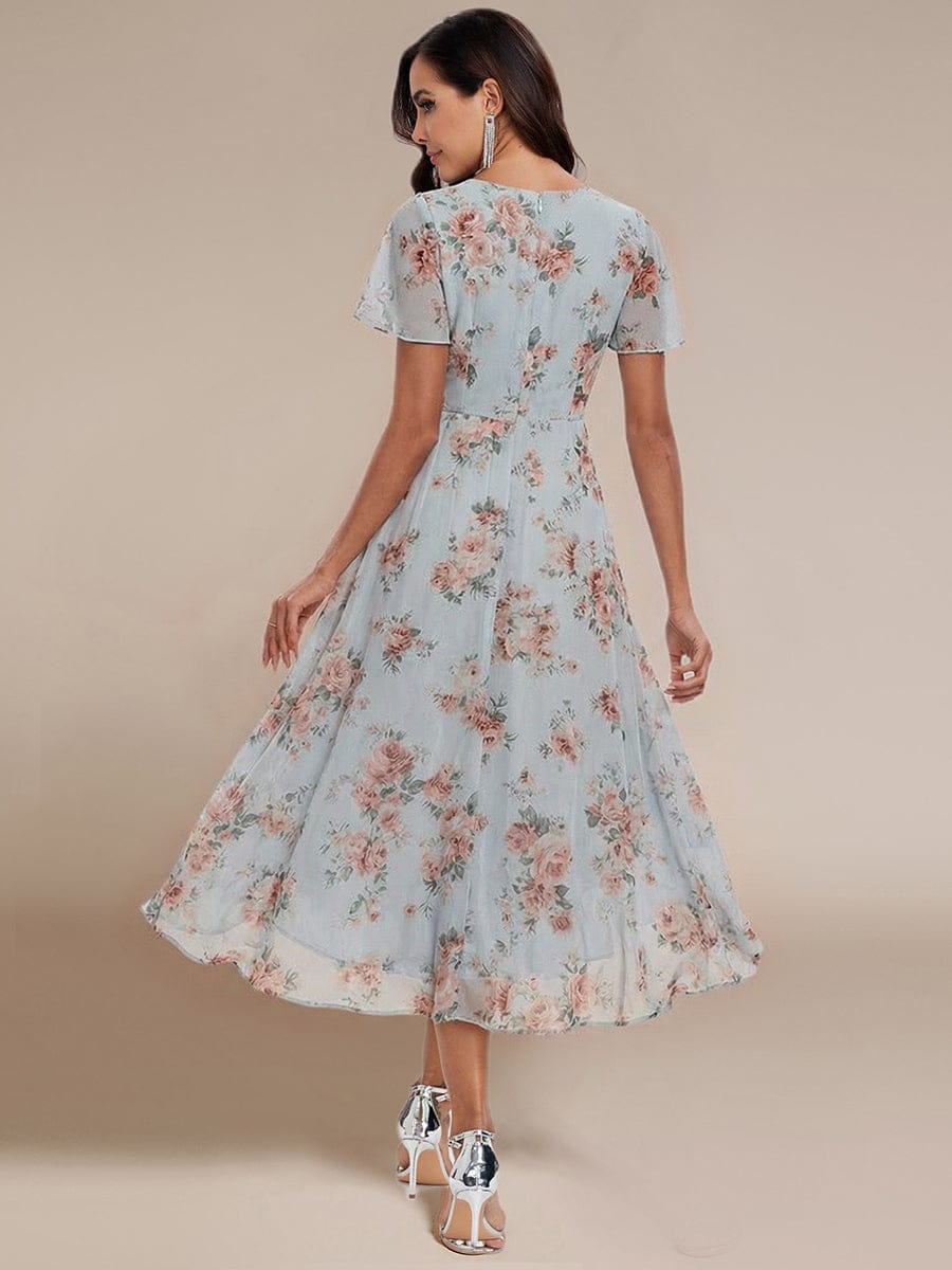 Floral Chiffon Elegance Short Sleeve High-Low Wedding Guest Dress #color_Amber Bloom