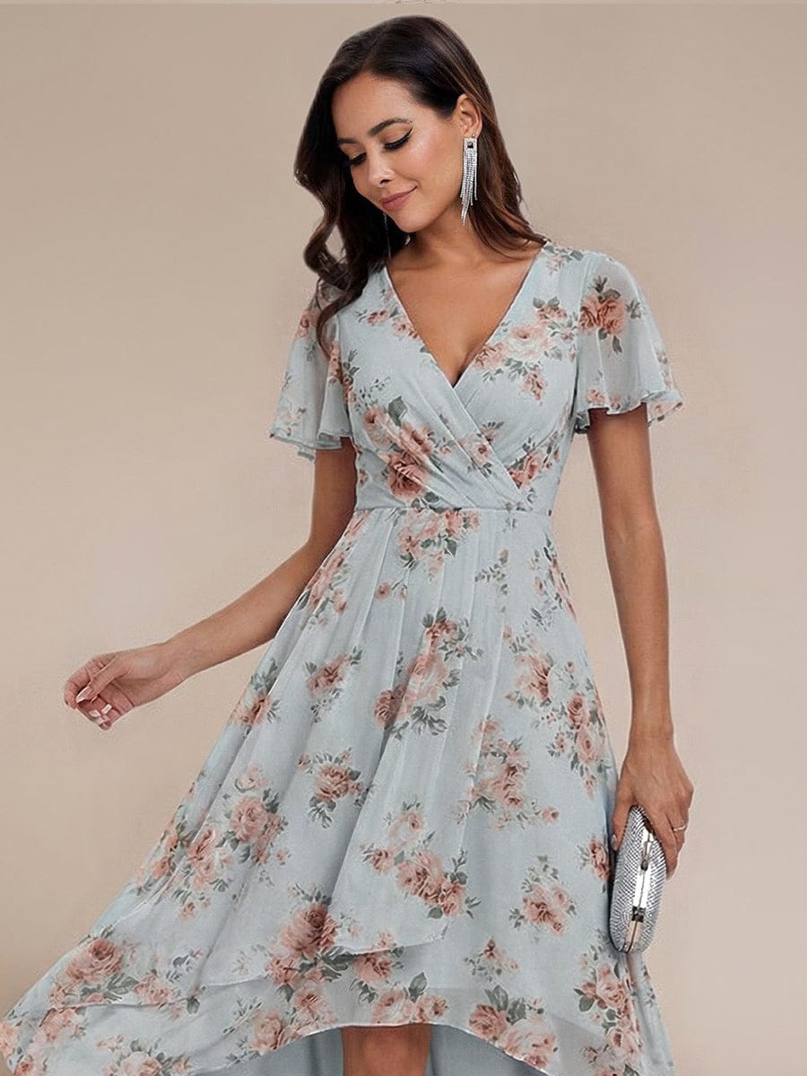 Floral Chiffon Elegance Short Sleeve High-Low Wedding Guest Dress #color_Amber Bloom