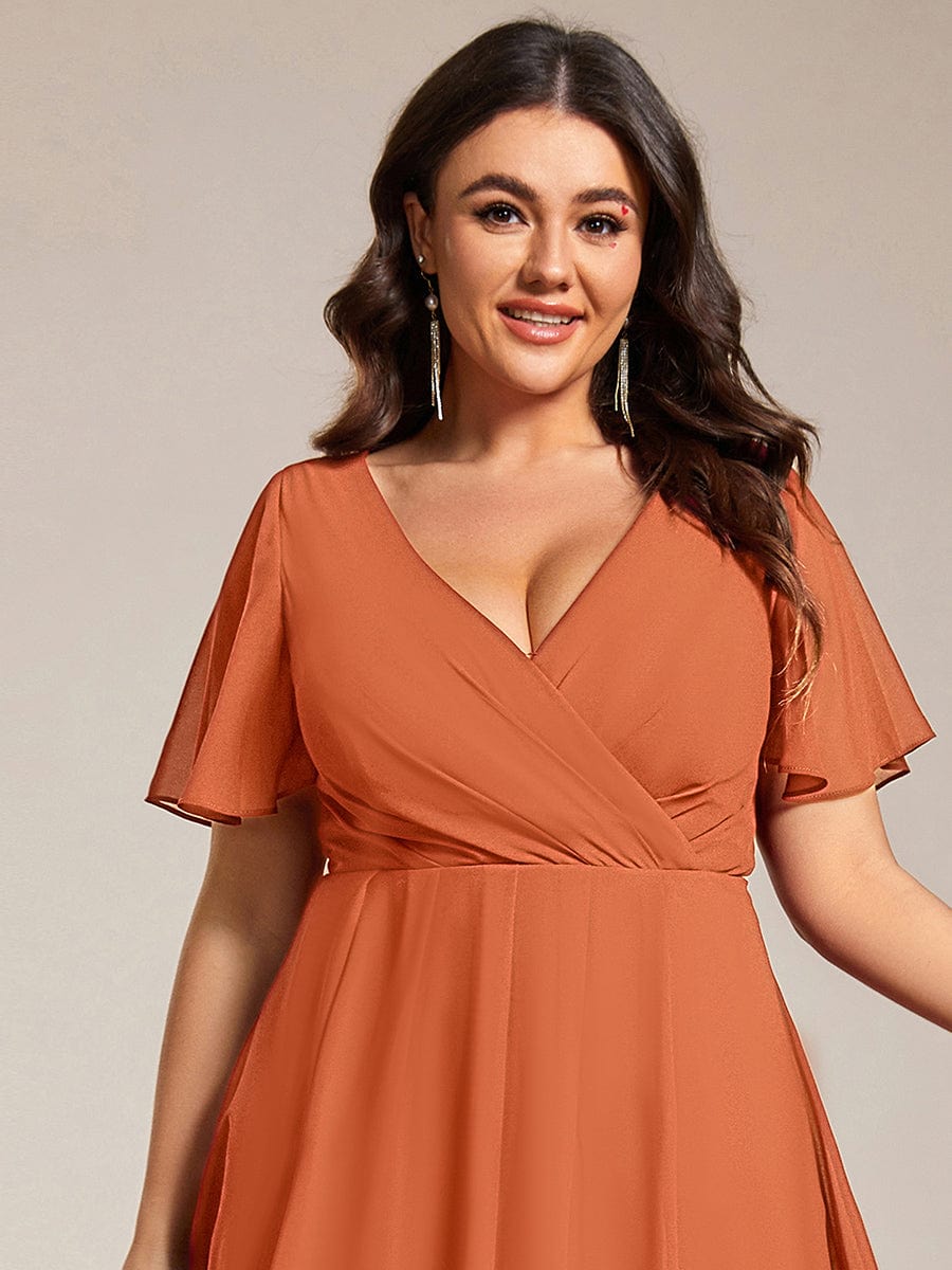 Floral Chiffon Elegance Short Sleeve High-Low Wedding Guest Dress #color_Brandied Melon