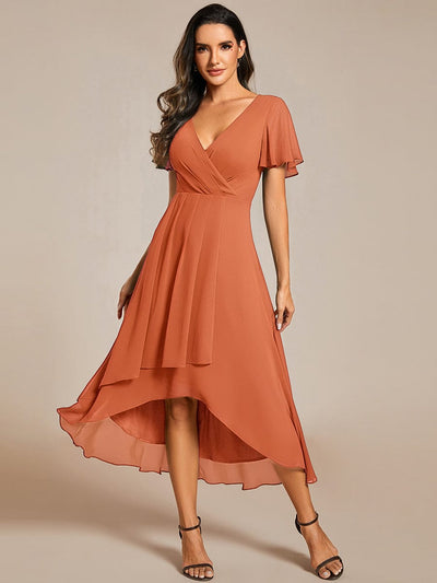 Floral Chiffon Elegance Short Sleeve High-Low Wedding Guest Dress #color_Brandied Melon