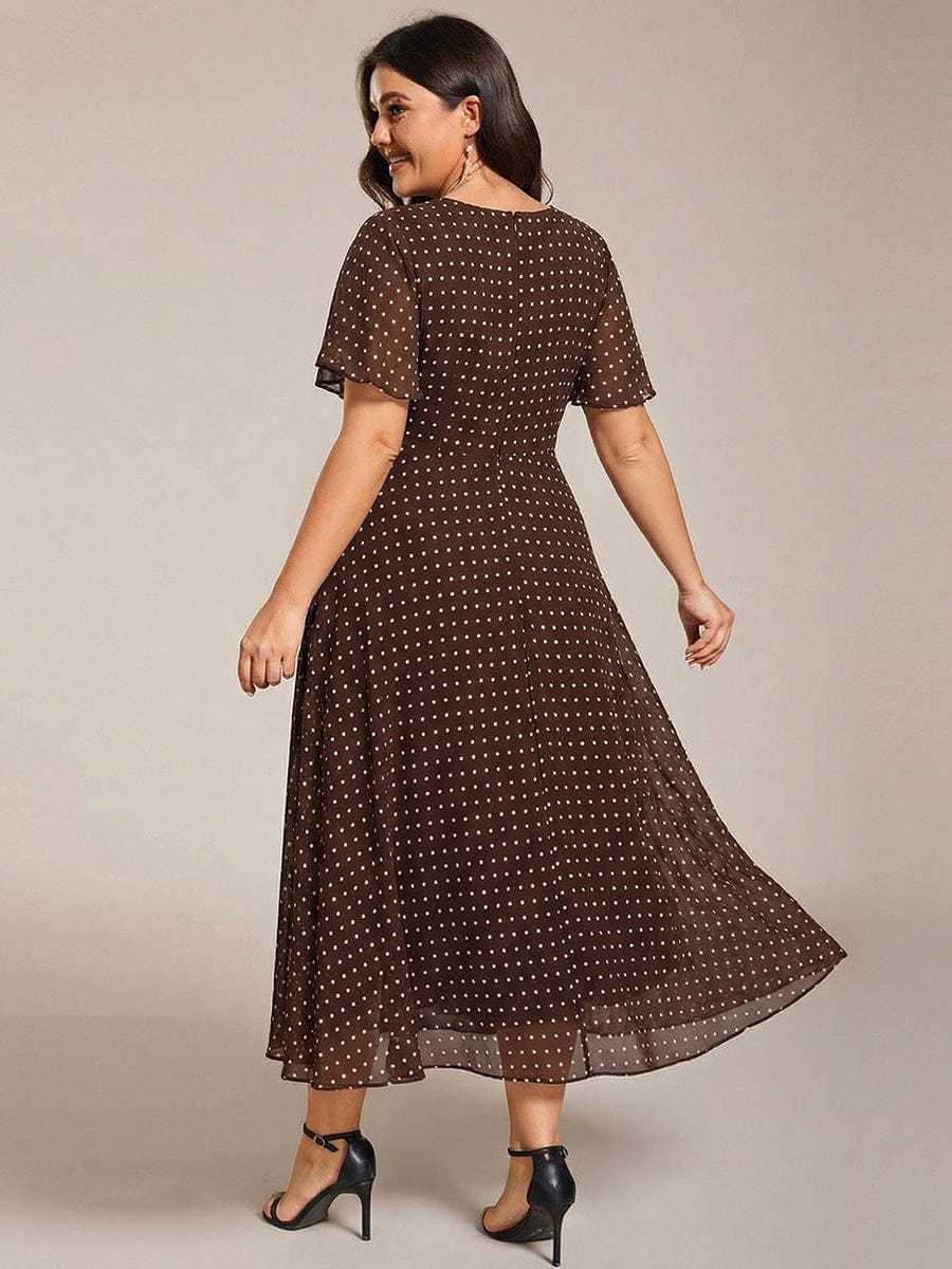 Floral Chiffon Elegance Short Sleeve High-Low Wedding Guest Dress #color_Brown Polka Dots