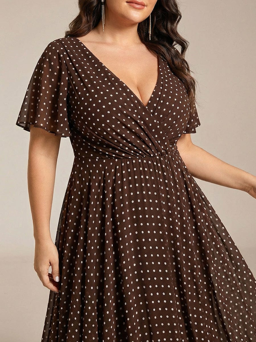 Floral Chiffon Elegance Short Sleeve High-Low Wedding Guest Dress #color_Brown Polka Dots