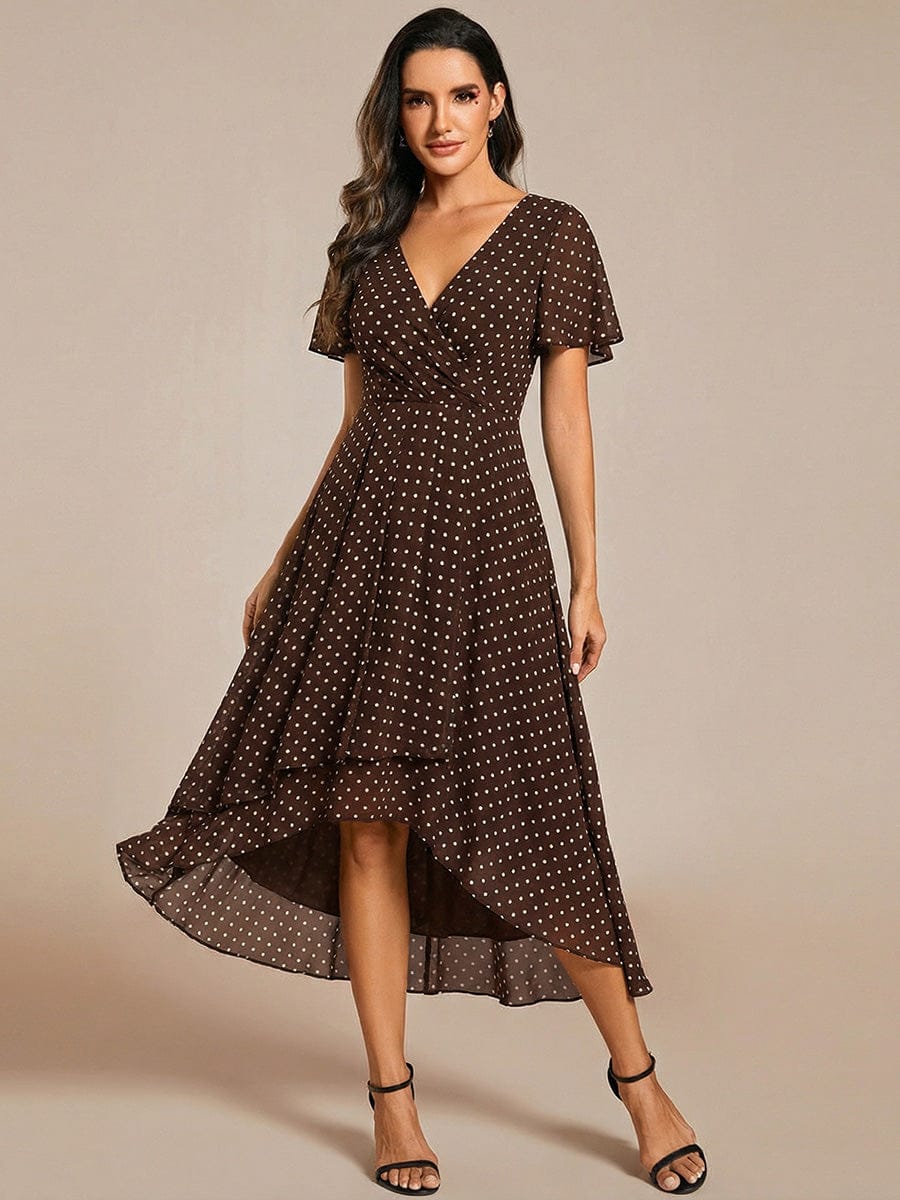 Floral Chiffon Elegance Short Sleeve High-Low Wedding Guest Dress #color_Brown Polka Dots