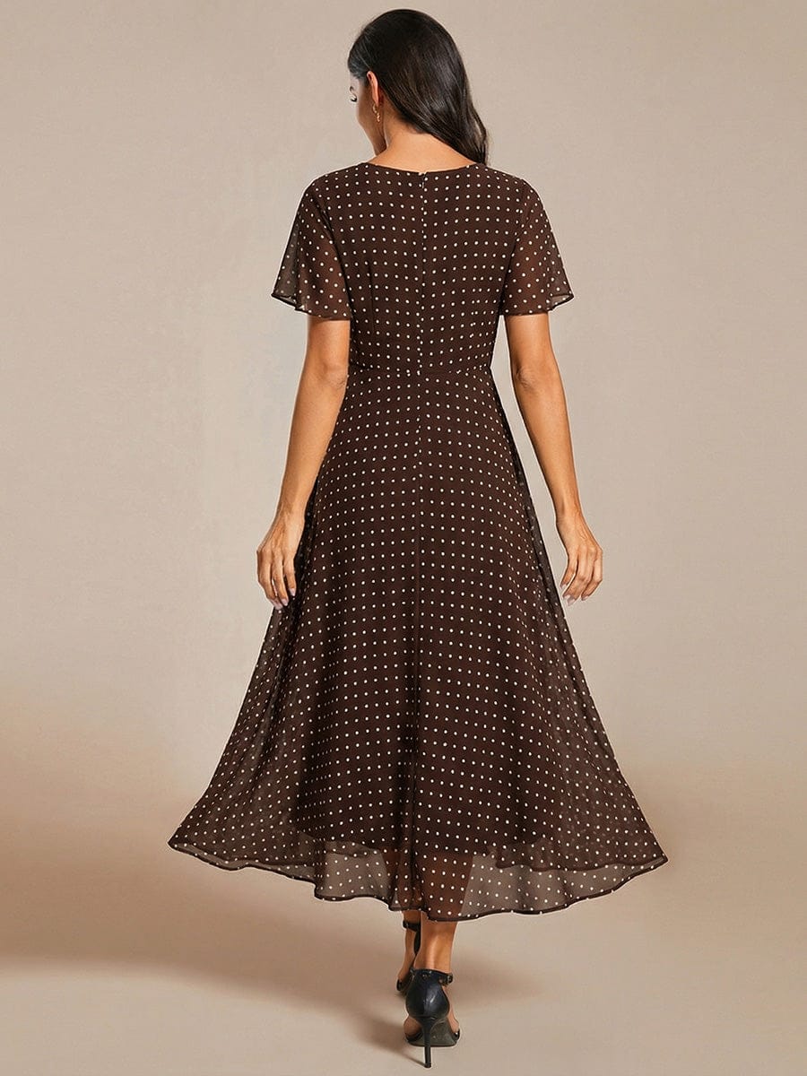 Floral Chiffon Elegance Short Sleeve High-Low Wedding Guest Dress #color_Brown Polka Dots