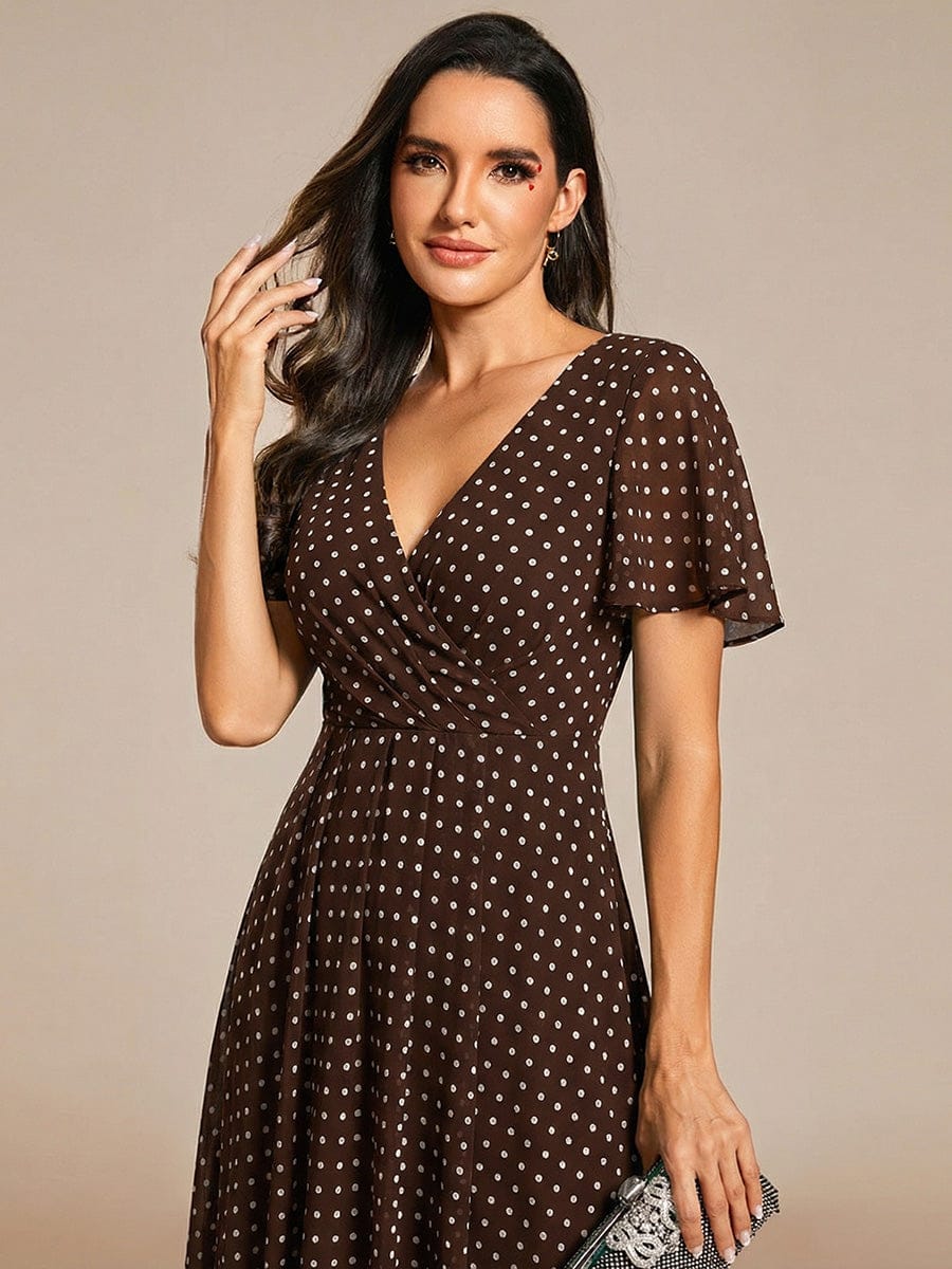 Floral Chiffon Elegance Short Sleeve High-Low Wedding Guest Dress #color_Brown Polka Dots
