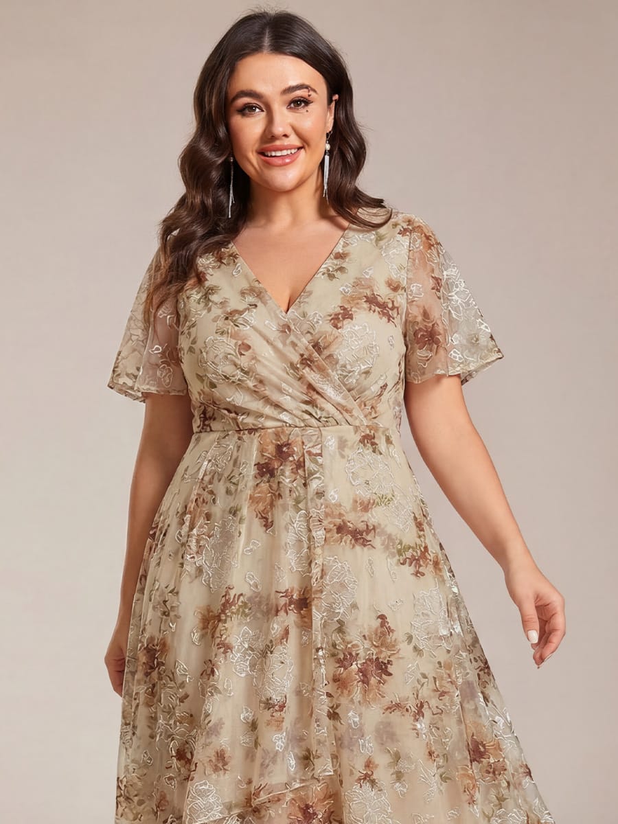 Floral Chiffon Elegance Short Sleeve High-Low Wedding Guest Dress #color_Champagne Print