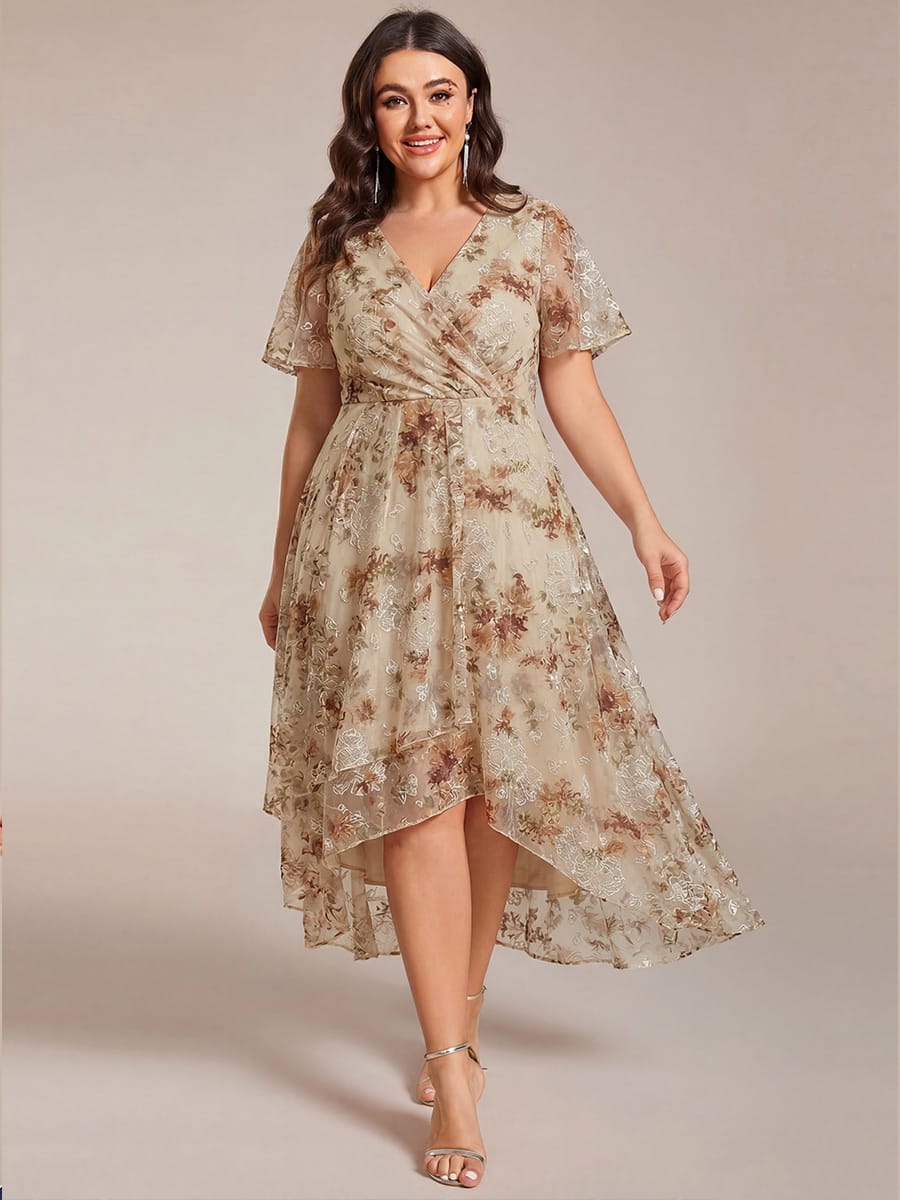 Floral Chiffon Elegance Short Sleeve High-Low Wedding Guest Dress #color_Champagne Print