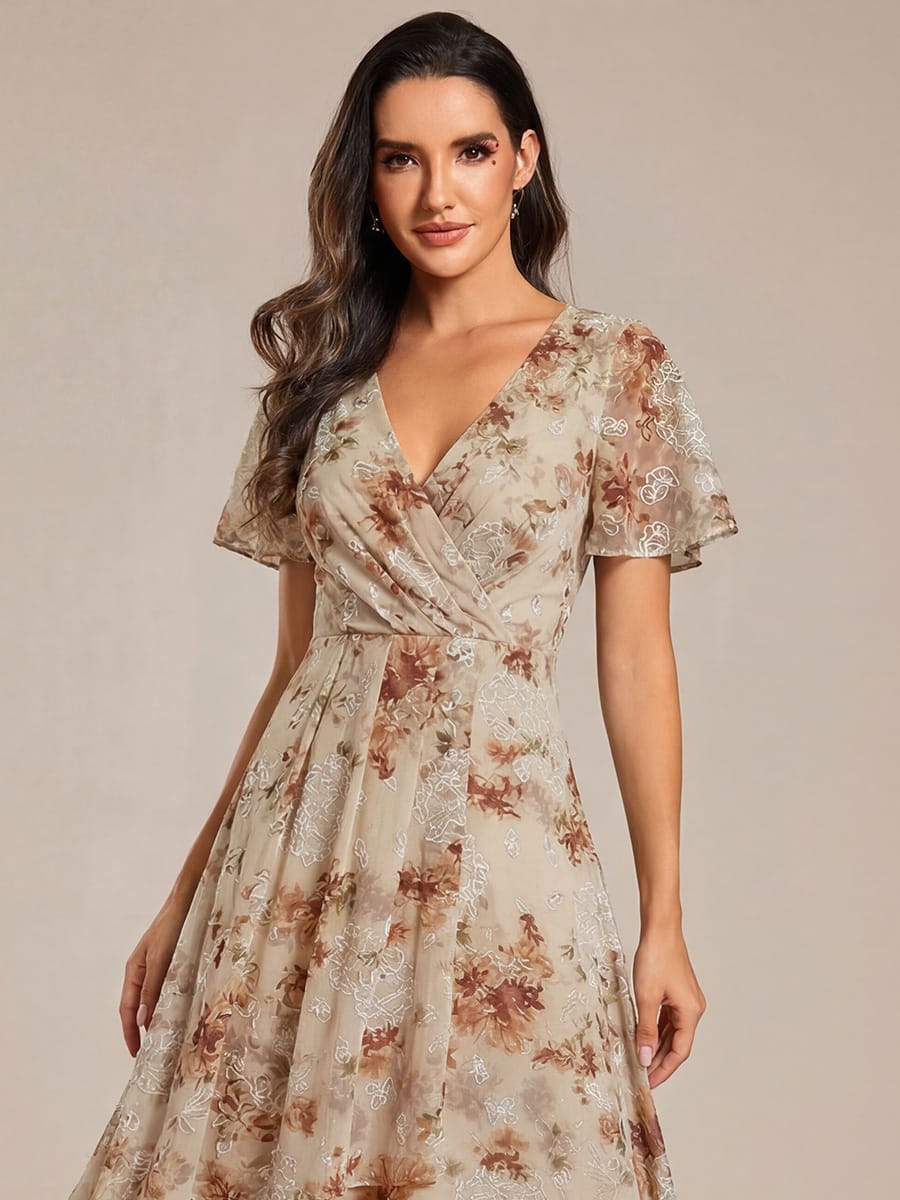 Floral Chiffon Elegance Short Sleeve High-Low Wedding Guest Dress #color_Champagne Print