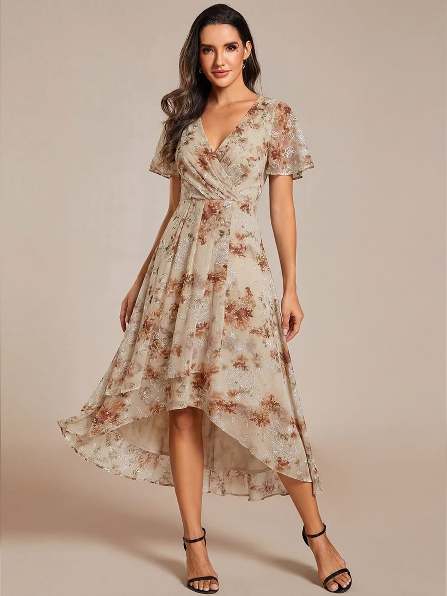 Floral Chiffon Elegance Short Sleeve High-Low Wedding Guest Dress #color_Champagne Print