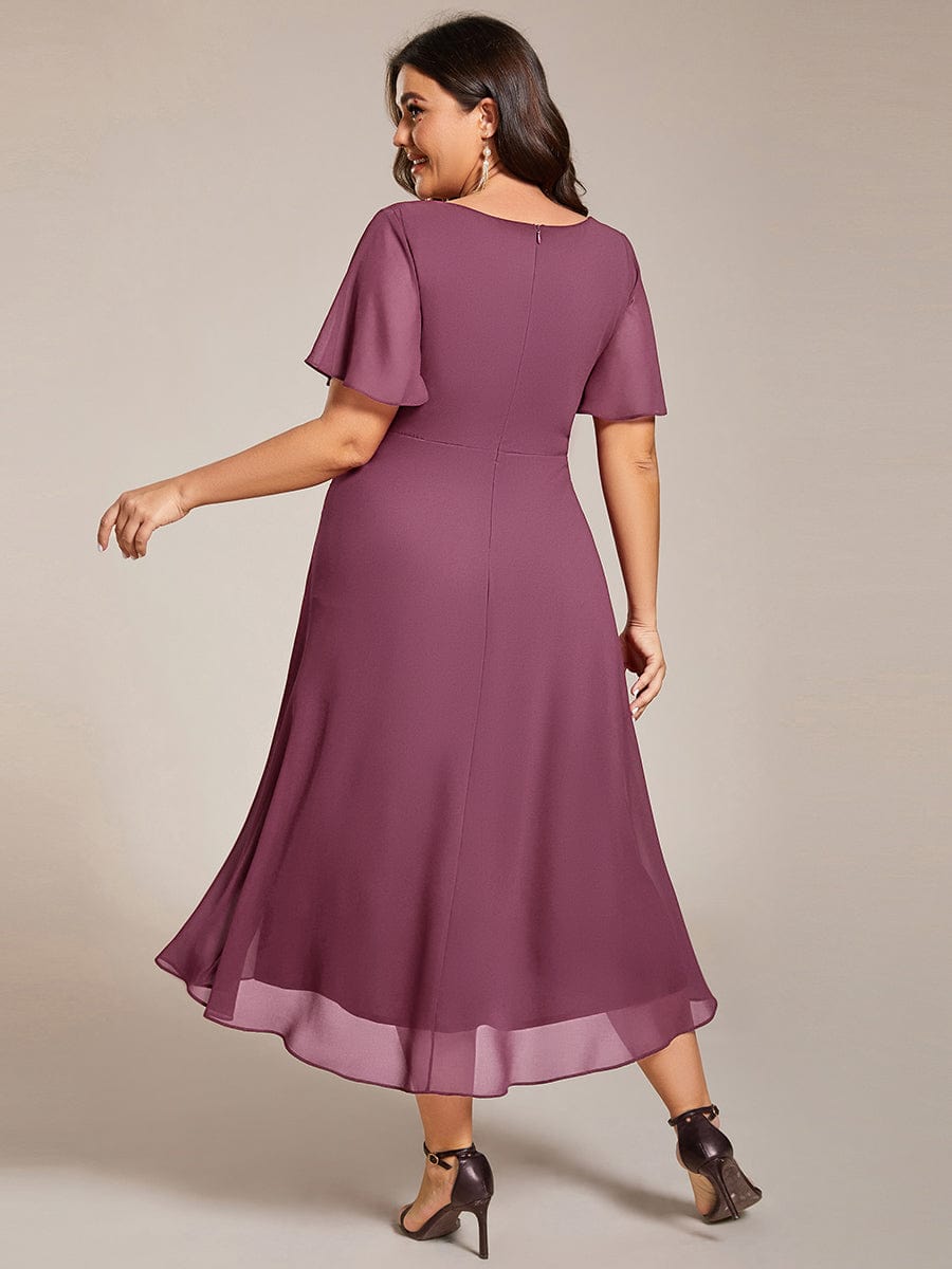 Floral Chiffon Elegance Short Sleeve High-Low Wedding Guest Dress #color_Damson