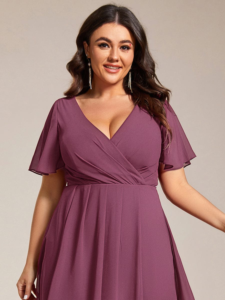 Floral Chiffon Elegance Short Sleeve High-Low Wedding Guest Dress #color_Damson
