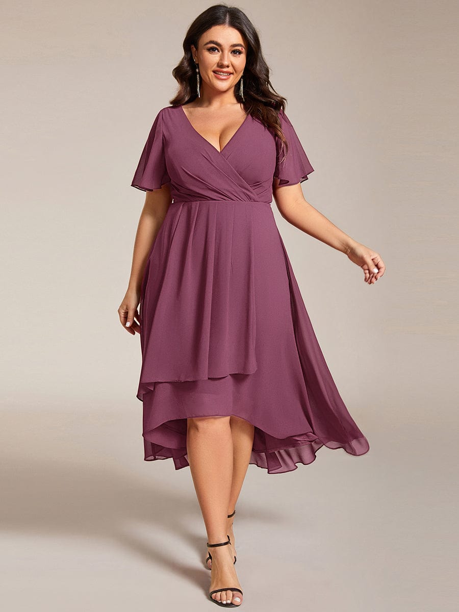 Floral Chiffon Elegance Short Sleeve High-Low Wedding Guest Dress #color_Damson