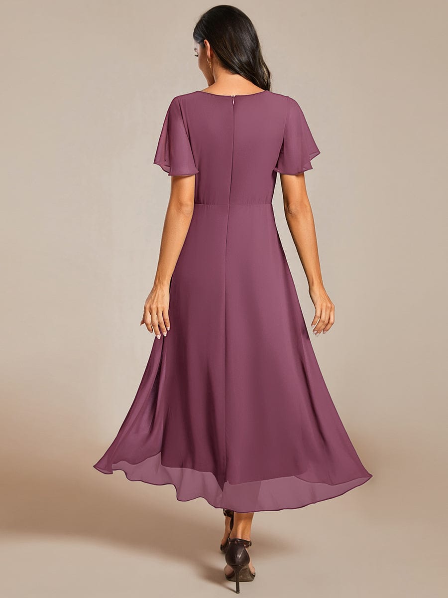 Floral Chiffon Elegance Short Sleeve High-Low Wedding Guest Dress #color_Damson