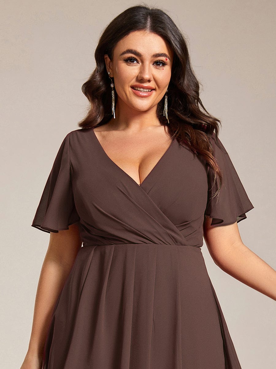 Floral Chiffon Elegance Short Sleeve High-Low Wedding Guest Dress #color_Espresso
