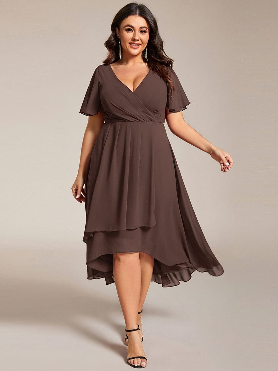 Floral Chiffon Elegance Short Sleeve High-Low Wedding Guest Dress #color_Espresso