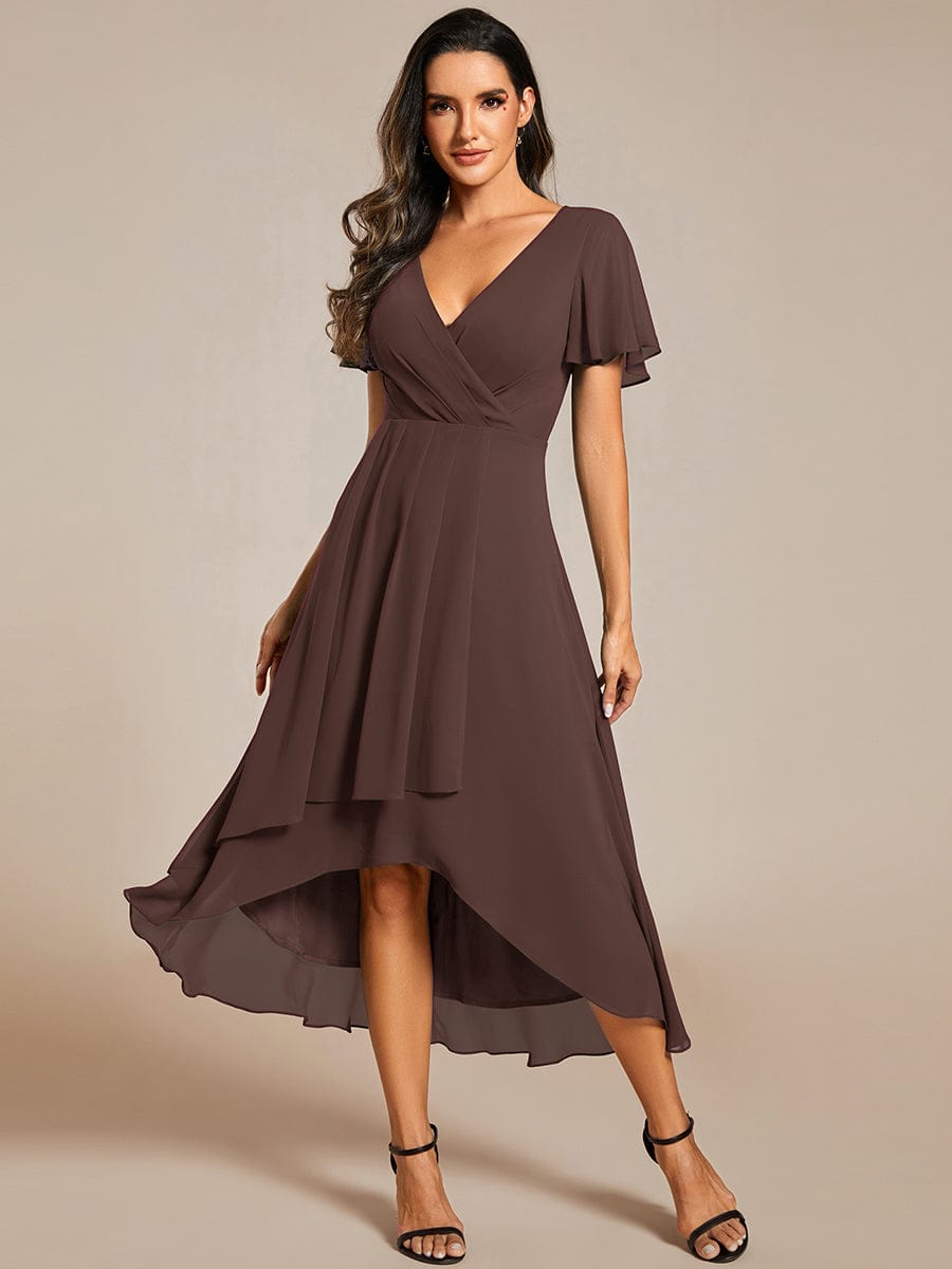 Floral Chiffon Elegance Short Sleeve High-Low Wedding Guest Dress #color_Espresso