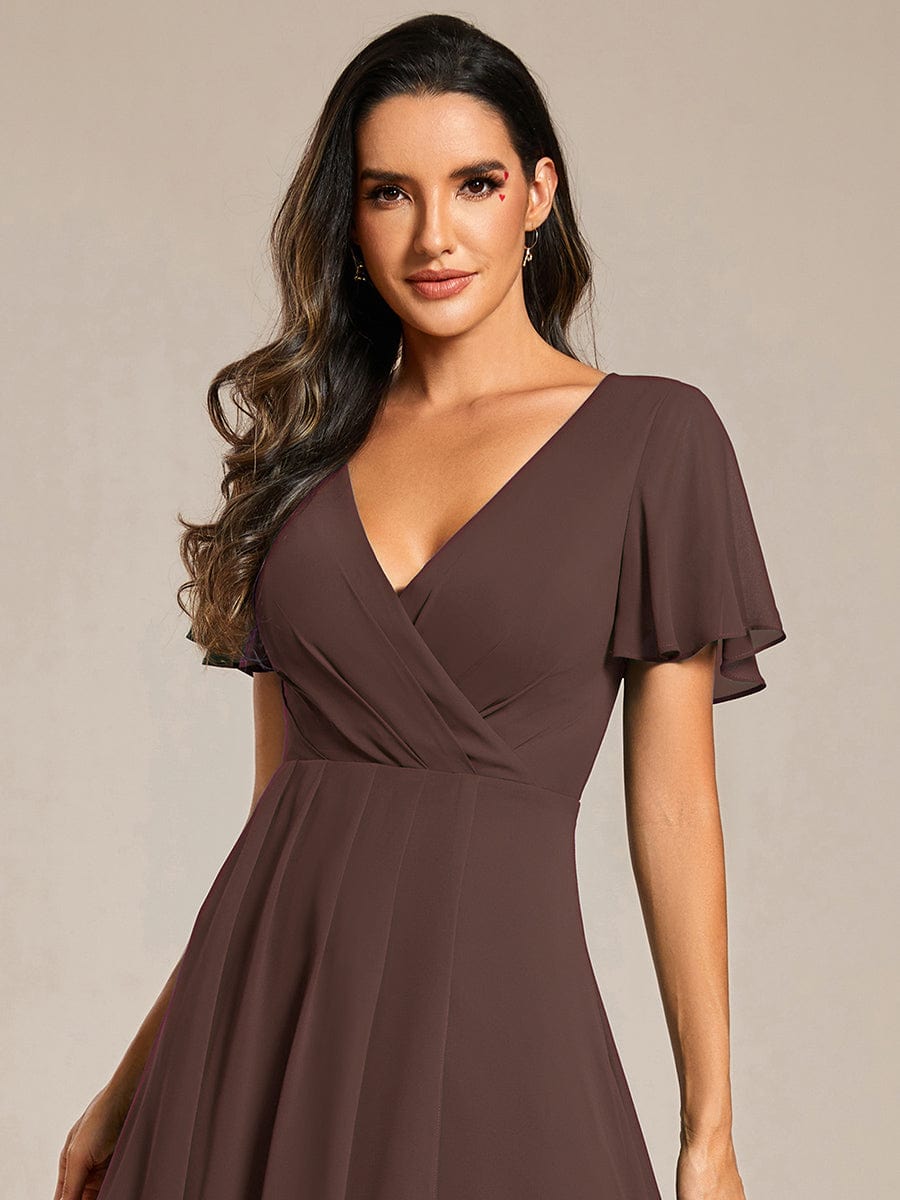 Floral Chiffon Elegance Short Sleeve High-Low Wedding Guest Dress #color_Espresso