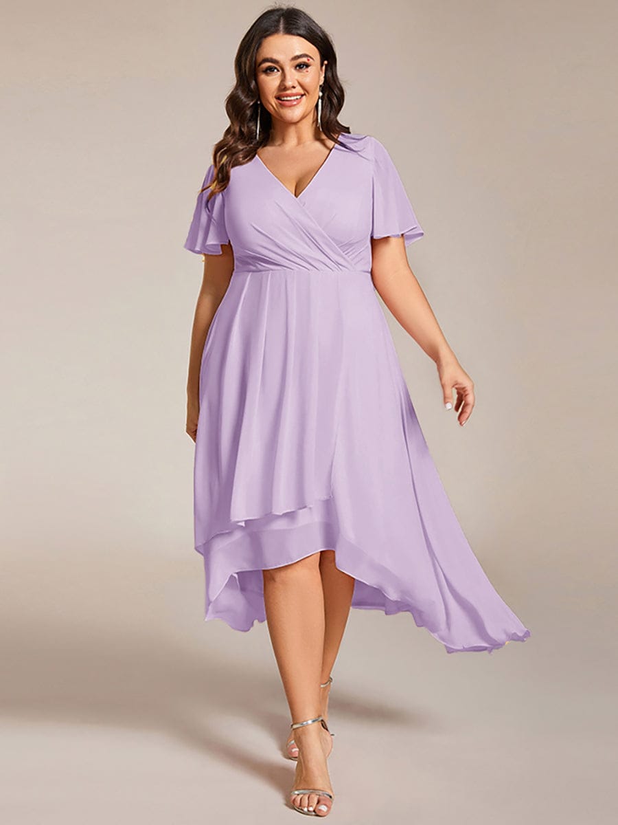 Floral Chiffon Elegance Short Sleeve High-Low Wedding Guest Dress #color_Frosted Lilac