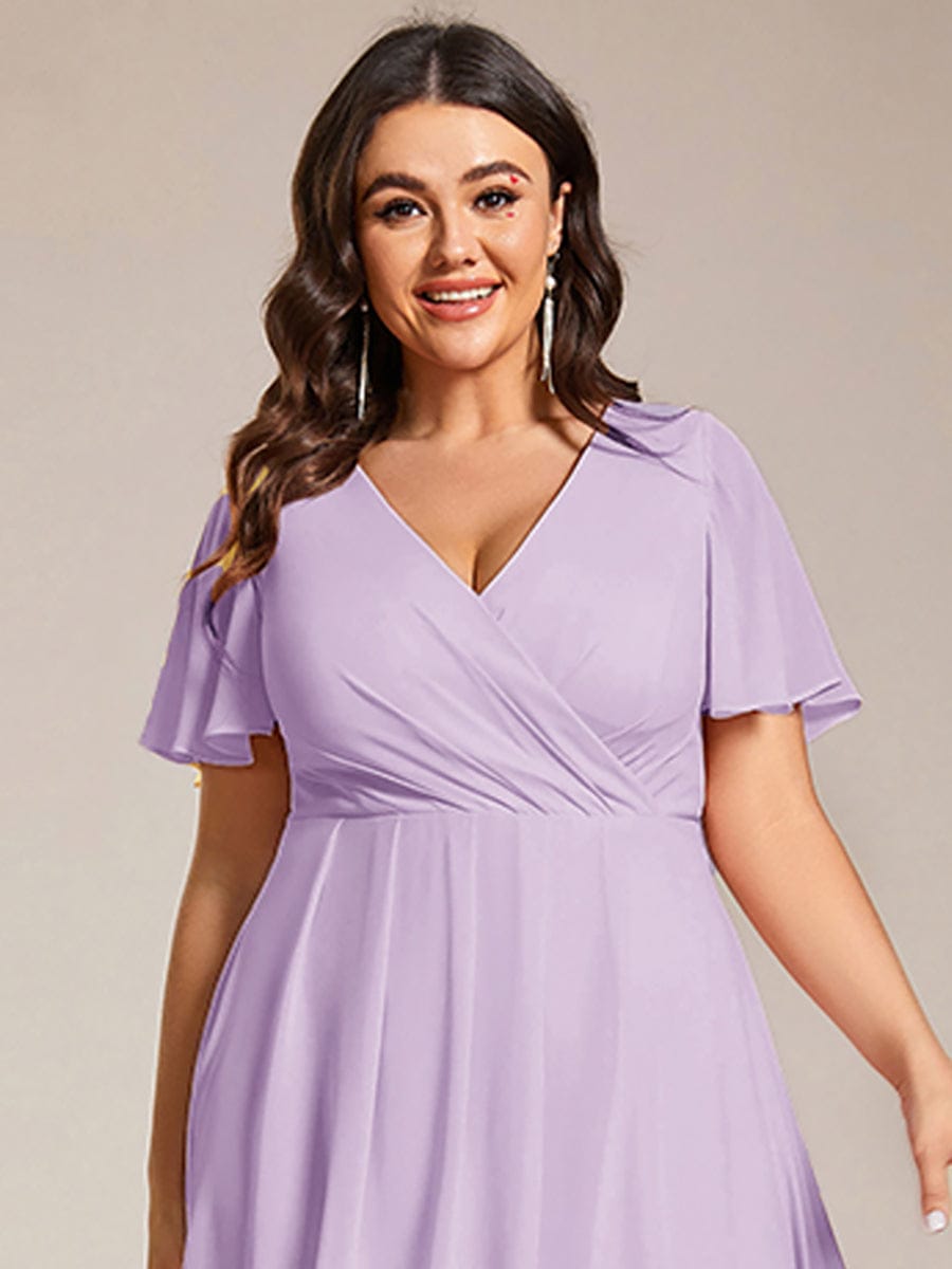 Floral Chiffon Elegance Short Sleeve High-Low Wedding Guest Dress #color_Frosted Lilac