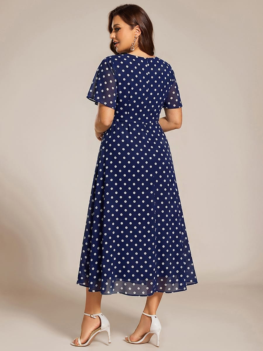 Floral Chiffon Elegance Short Sleeve High-Low Wedding Guest Dress #color_Navy Blue Polka Dots