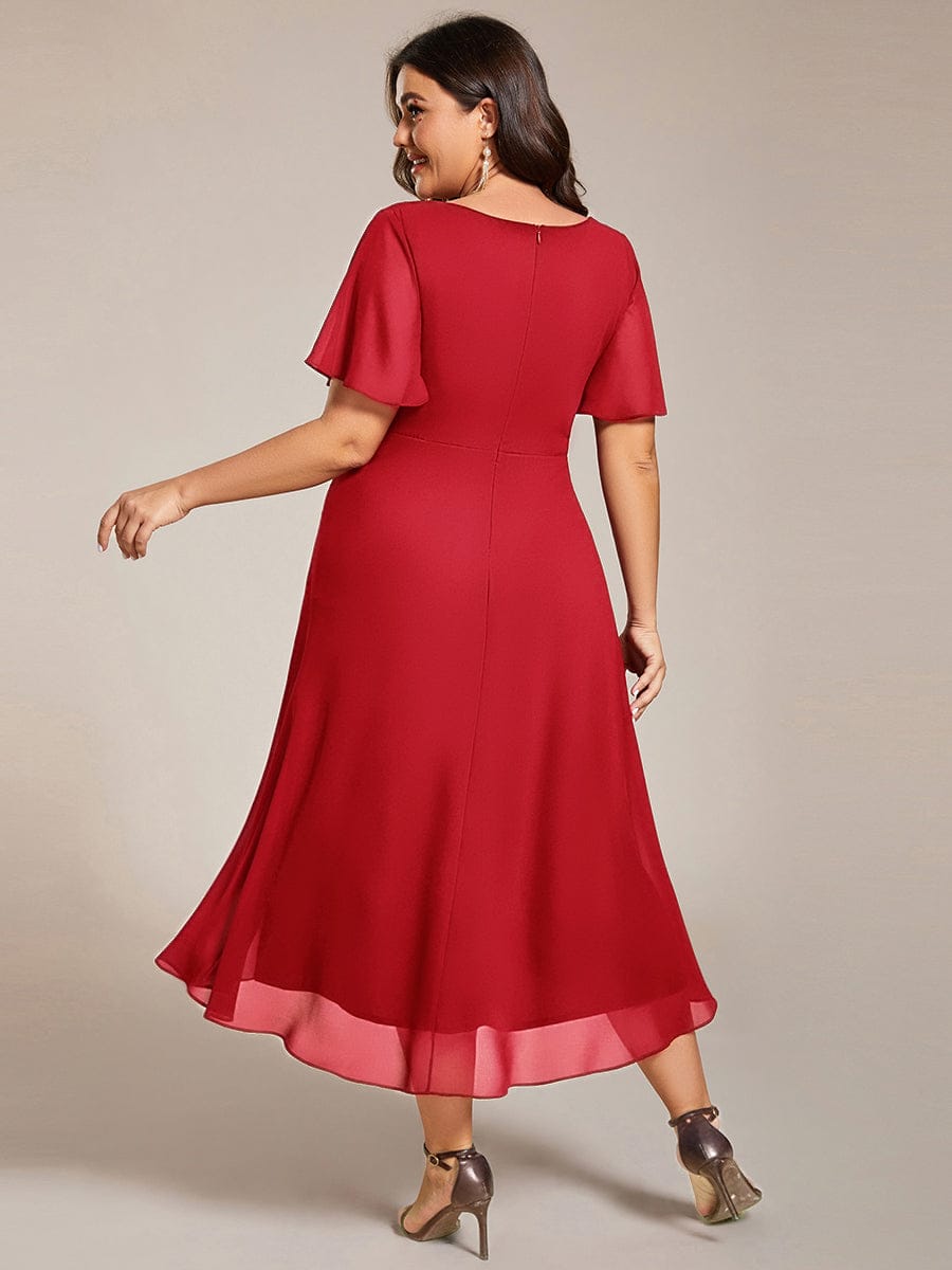 Floral Chiffon Elegance Short Sleeve High-Low Wedding Guest Dress #color_Red