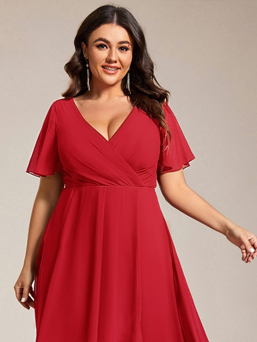 Floral Chiffon Elegance Short Sleeve High-Low Wedding Guest Dress #color_Red