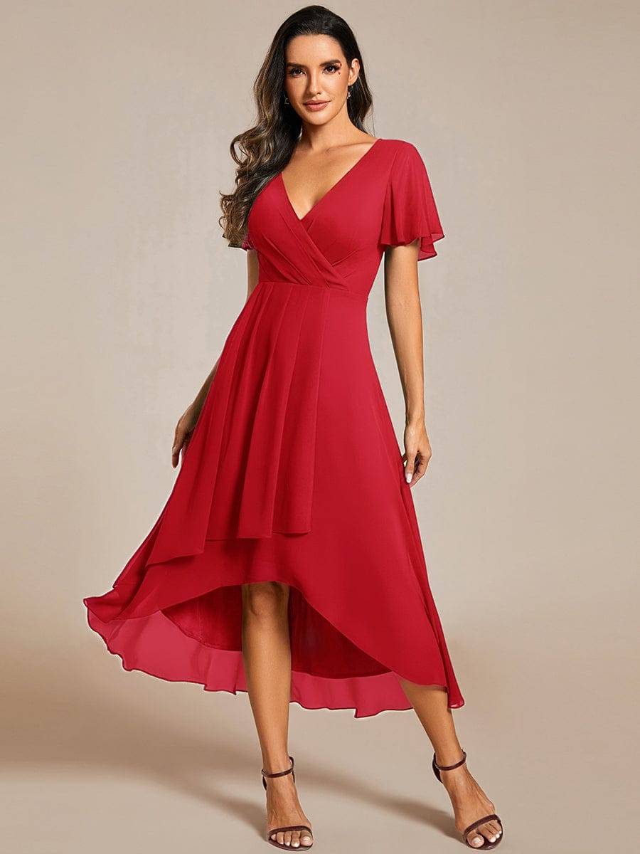 Floral Chiffon Elegance Short Sleeve High-Low Wedding Guest Dress #color_Red
