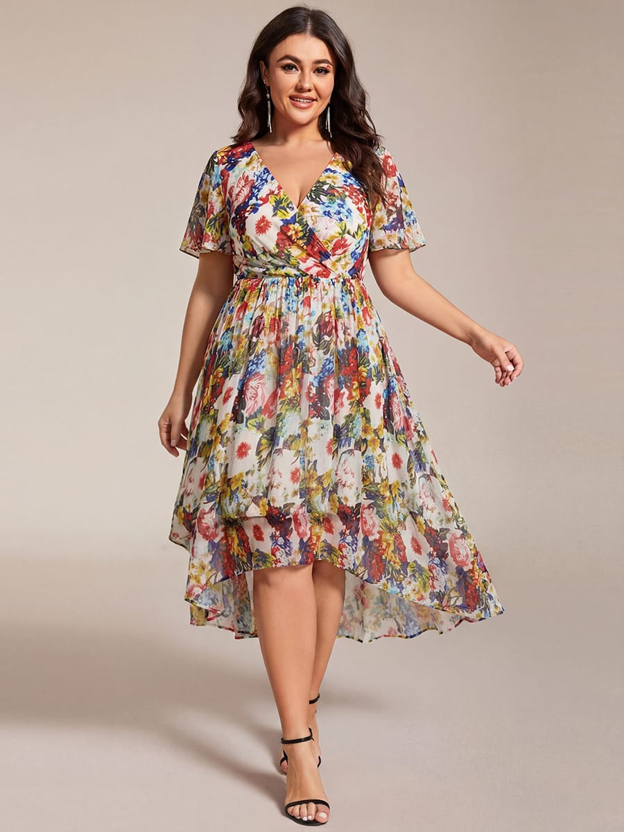 Floral Chiffon Elegance Short Sleeve High-Low Wedding Guest Dress #color_Printed Cream