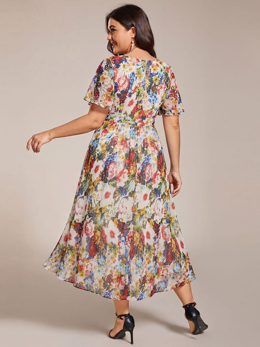 Floral Chiffon Elegance Short Sleeve High-Low Wedding Guest Dress #color_Printed Cream