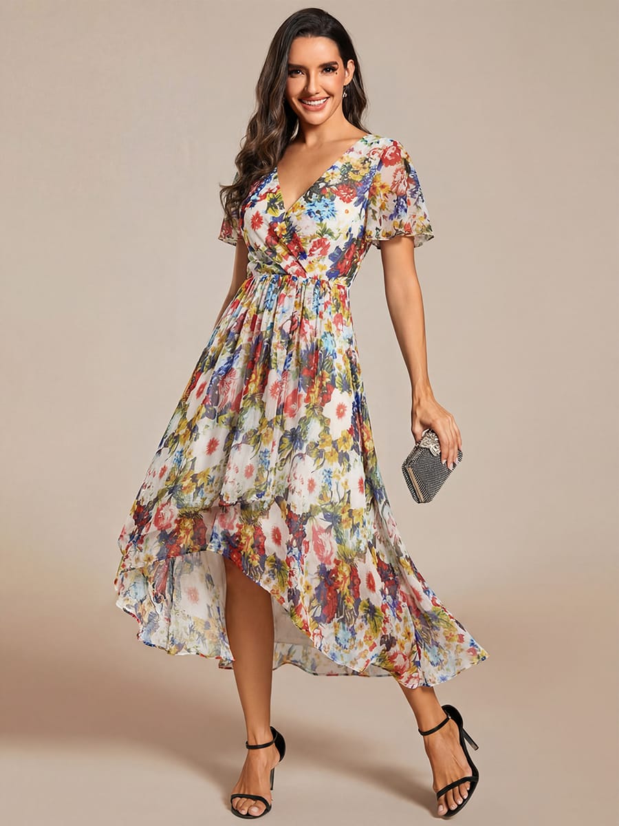 Floral Chiffon Elegance Short Sleeve High-Low Wedding Guest Dress #color_Printed Cream