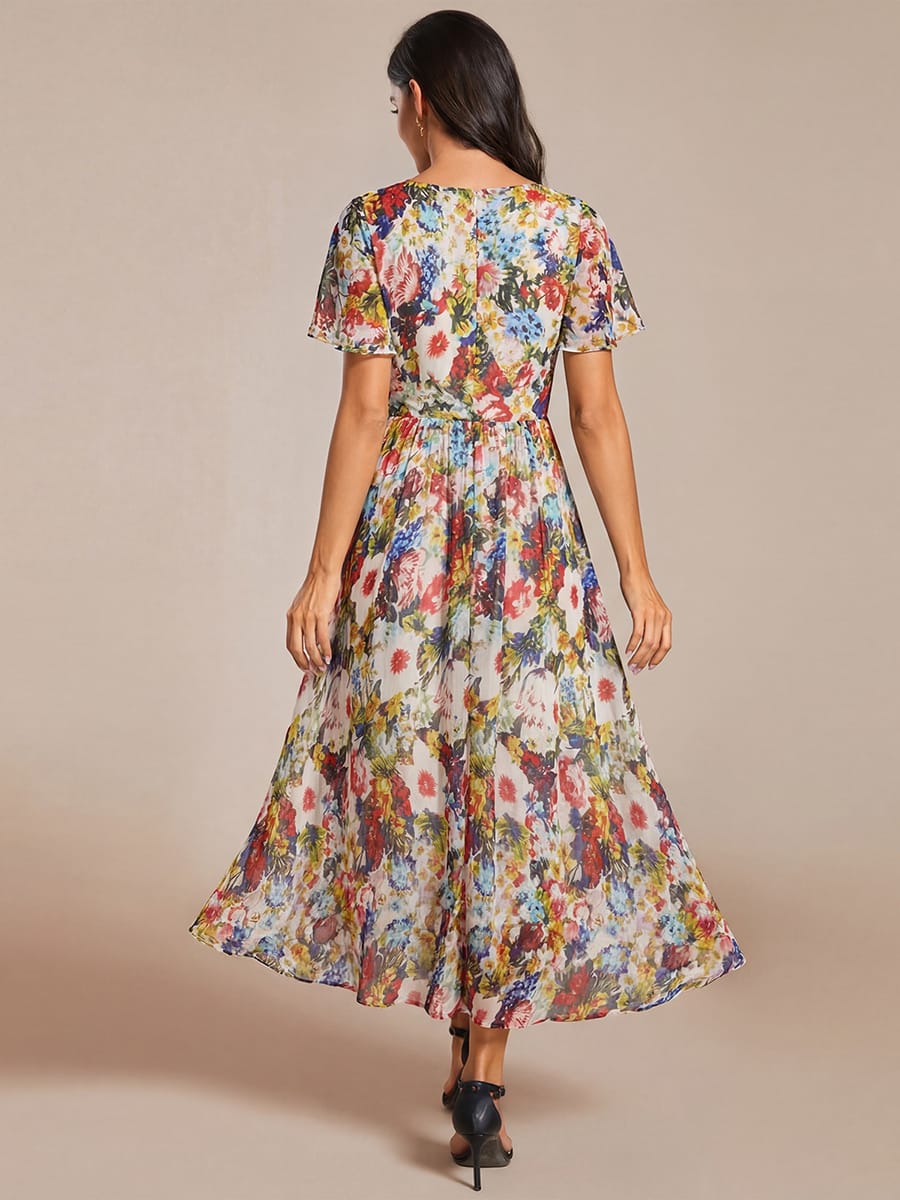 Floral Chiffon Elegance Short Sleeve High-Low Wedding Guest Dress #color_Printed Cream